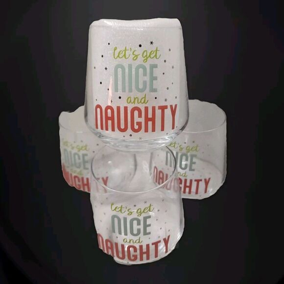 4 Pc Stemless Wine Glass Barware "Let's Get Nice And Naughty" Holiday Seasonal - Picture 4 of 15